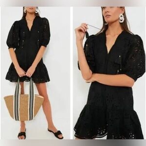 BELL BY ALICIA BELL Black Eyelet Popover Flounce Mini Dress size XL